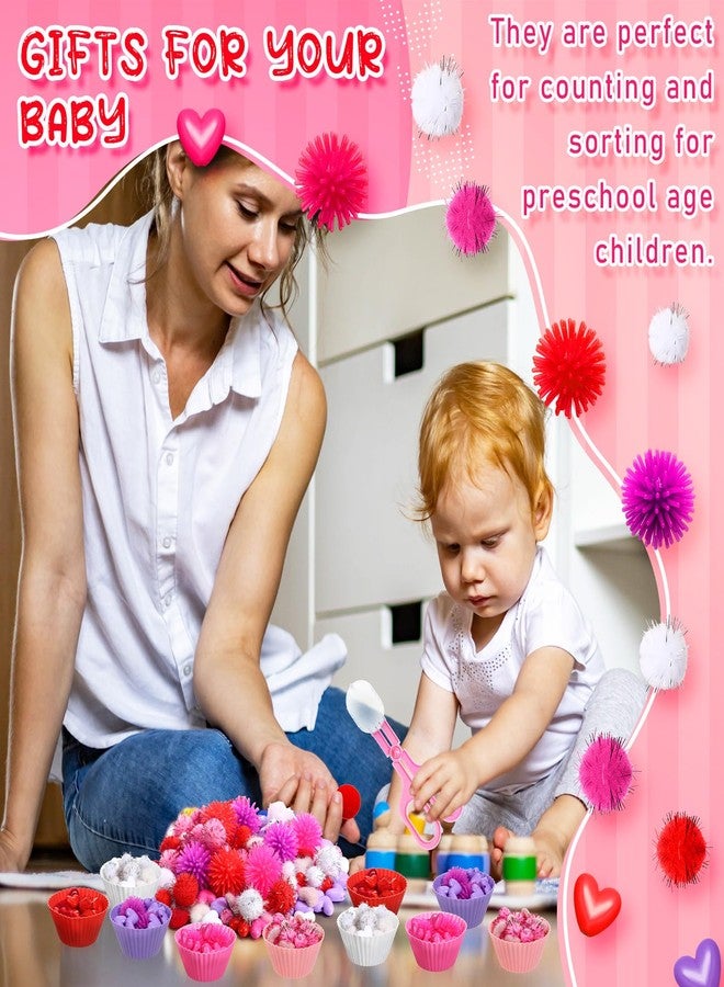 Silipull 752 Pcs Valentine Fine Motor Skills Sensory Bin Filler Includes 100 Heart Acrylic Gems 618 Pom Pom 18 Hedge Balls 4 Tweezers 2 Scissors Clips 10 Sorting Bowls for Boys Girls Sorting Counting - Image 4